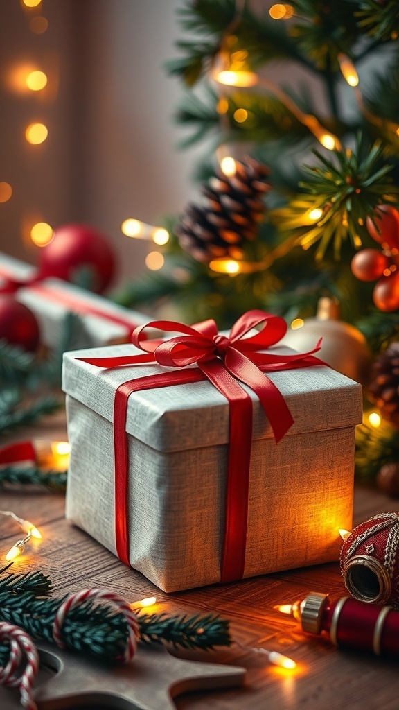 A beautifully wrapped handmade gift box with a red ribbon on a wooden table with festive decorations.